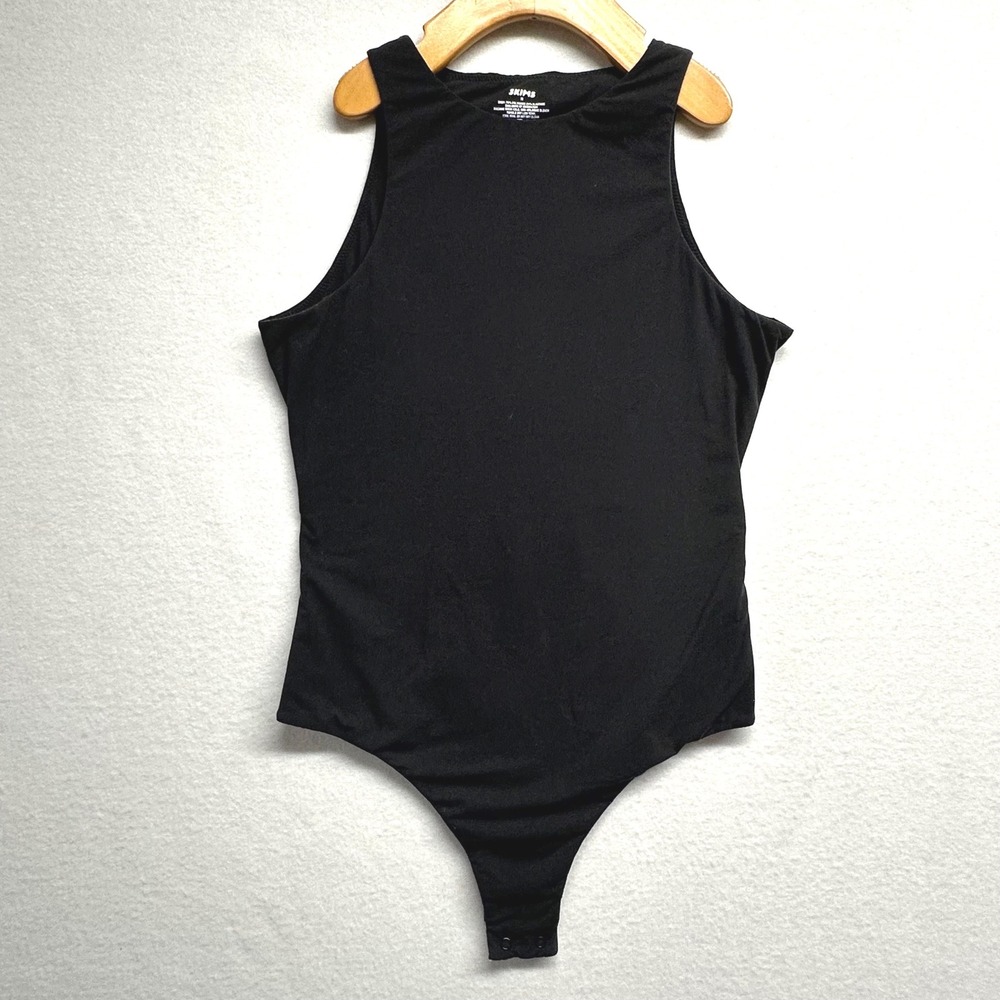 SKIMS Bodysuit Women M Black High Neck Essential Sleeveless Thong Snap Closure
